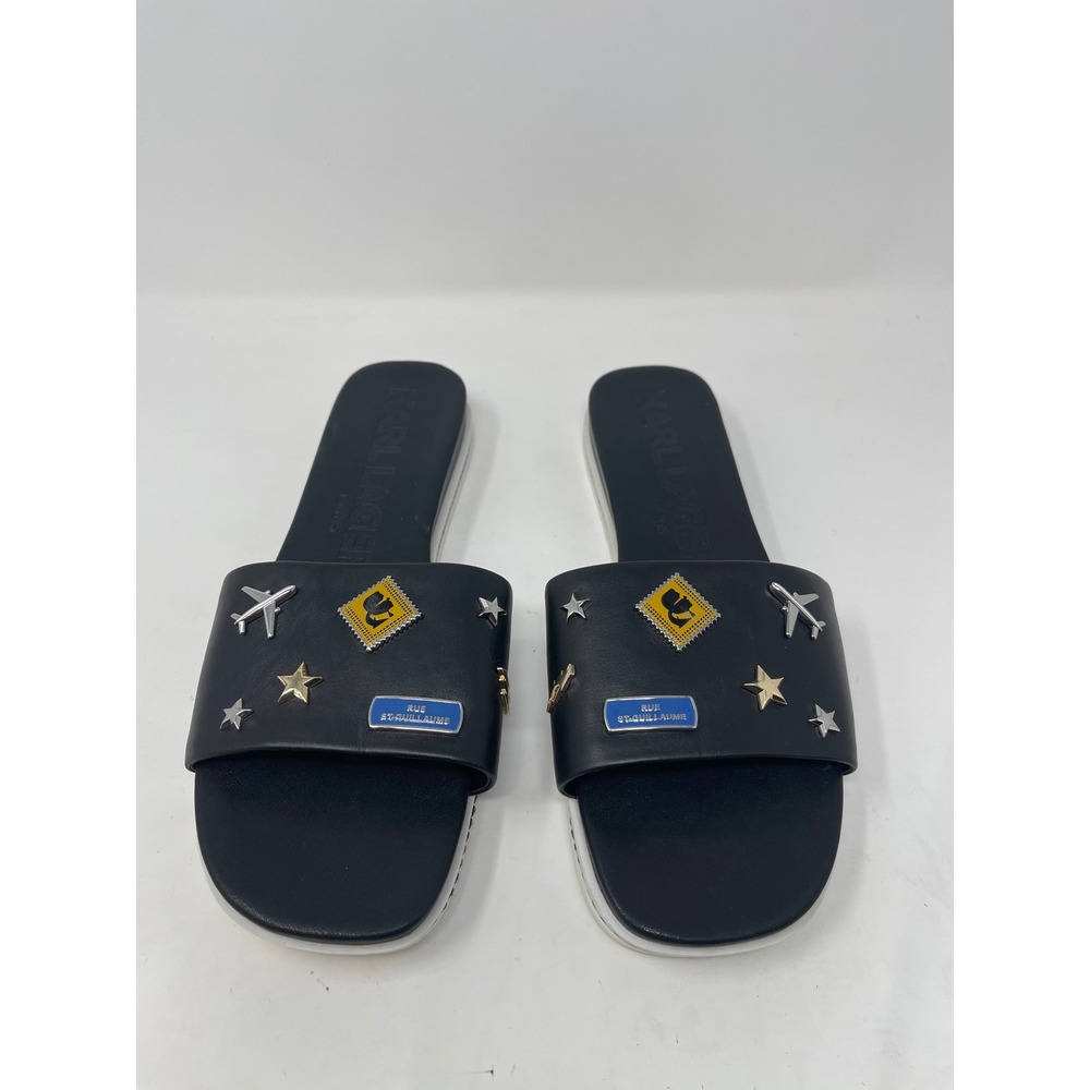 Karl Lagerfeld Slide Sandals Women's 11 Black Jeslyn Bon Voyage Charms Leather